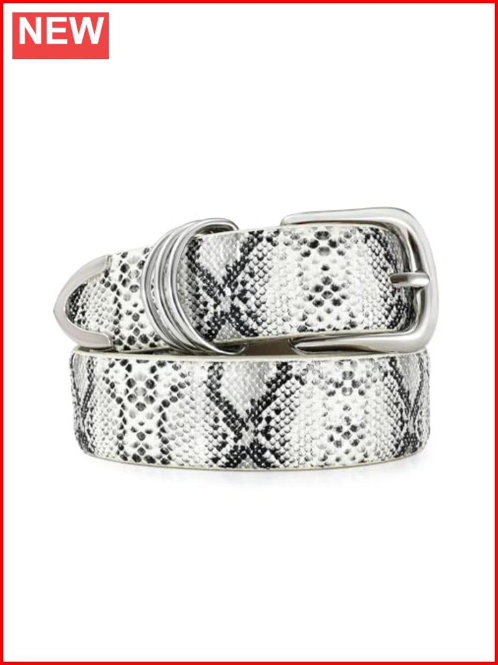 Snake Print Leather Belt with Silver Buckle & Rings